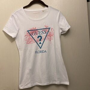 New Womens GUESS T Shirt From Florida with Rhinestones White Blue Pink Medium